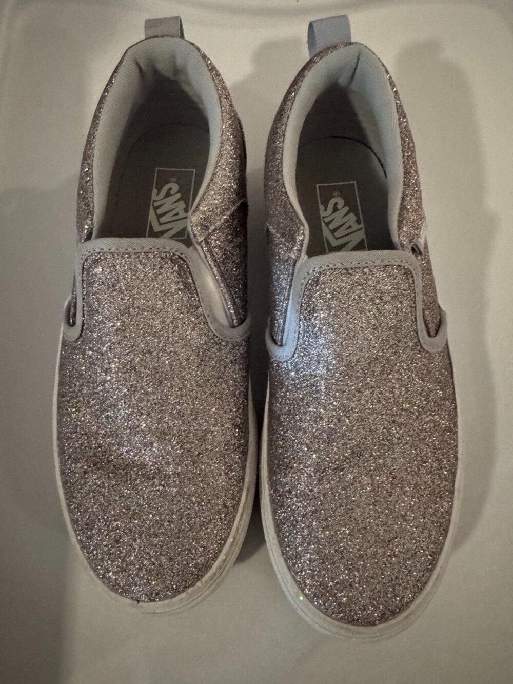 Vans Girls' Missy Silver Glitter Slip-On Sneakers, S:Girls' 3, Excellent Shape